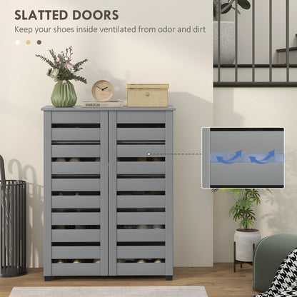 Zifa Wooden Grey Slim Shoe Cabinet With 5 Tier Storage And Slatted Doors
