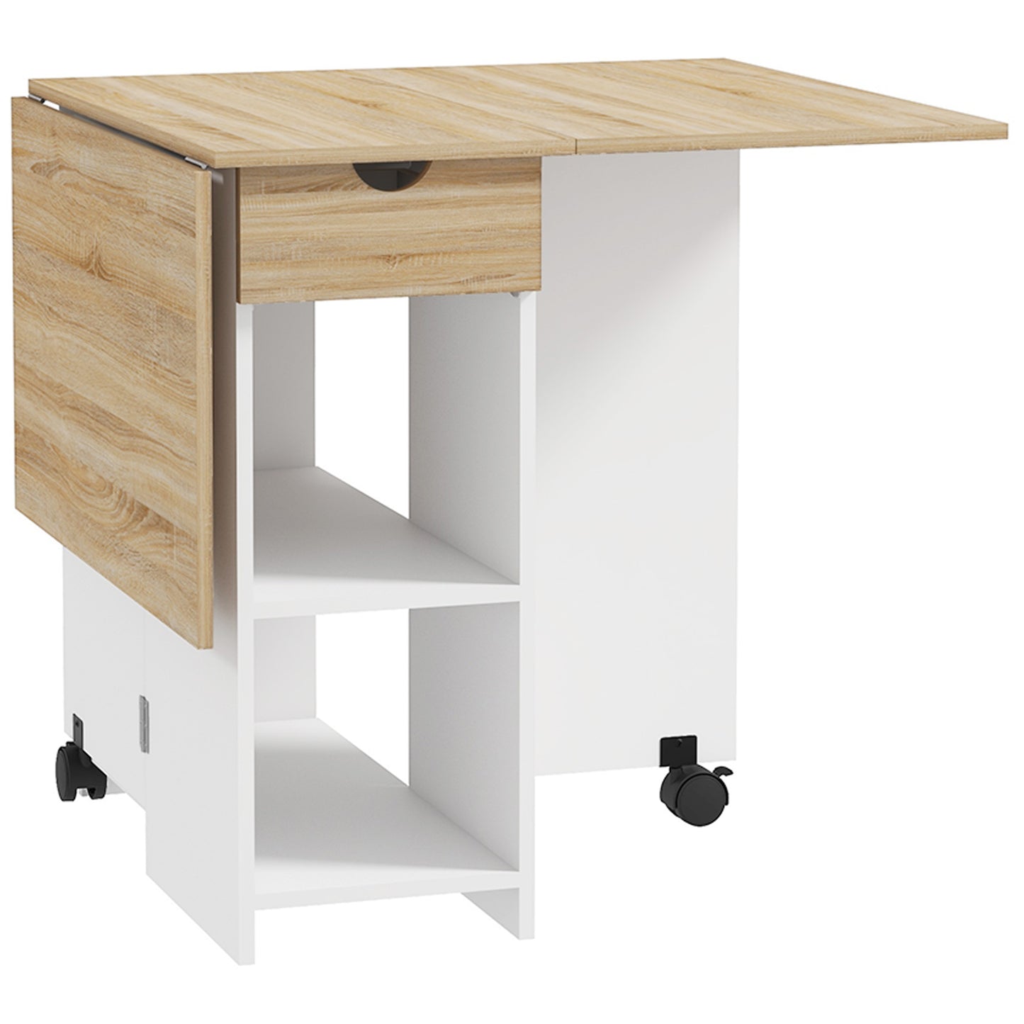 Coyova Wooden Oak Folding Drop Leaf Dining Table With Drawer And Storage Shelves