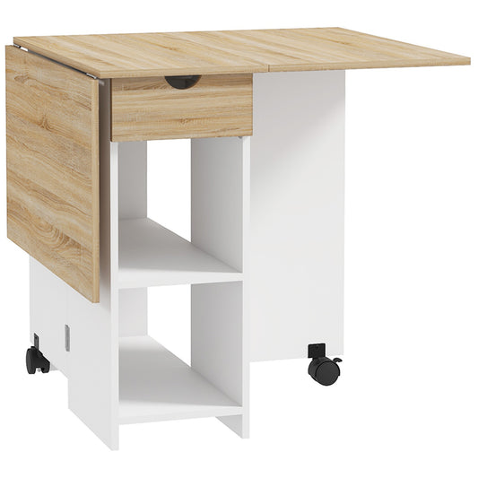 Coyova Layo Wooden Oak Folding Drop Leaf Dining Table With Drawer And Storage Shelves
