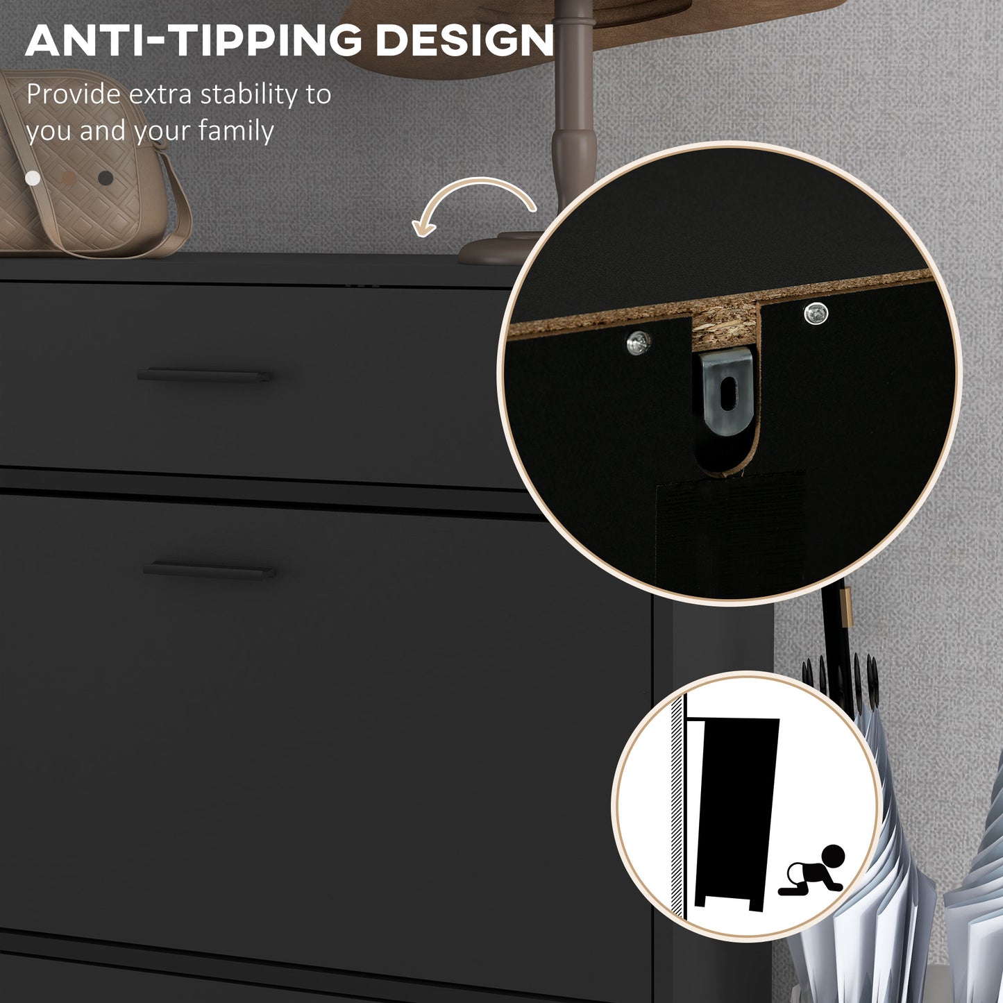 Sopane Wooden Black Slim Shoe Cabinet With 3 Drawers For 12 Pairs