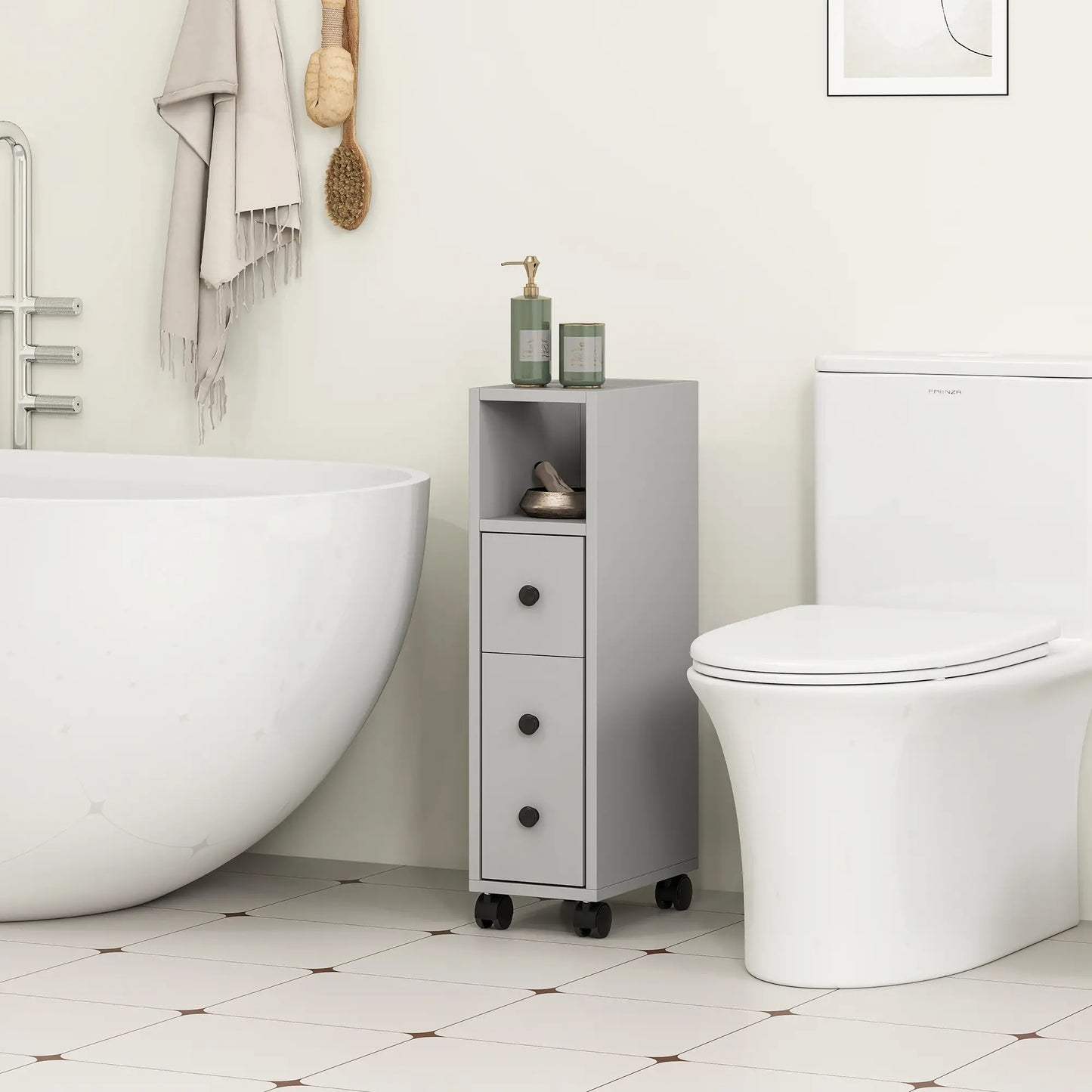 Slim Grey Bathroom Storage Cabinet With Compact Footprint