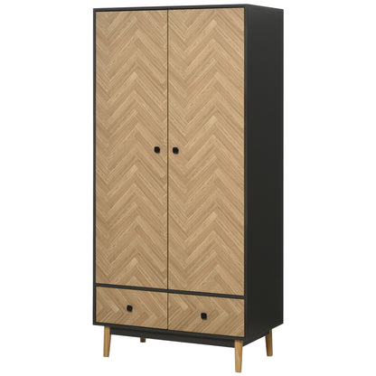 Belavyn Black and Natural Chevron Wardrobe With Hanging Rod Top Shelves And 2 Drawers