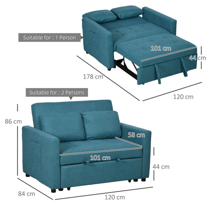 Codoha Kapa Fabric Blue 2 Seater Sofa Bed With Side Pockets And Cushions