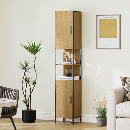 Rambette Tall Bathroom Storage Cabinet With Double Doors OFauxn Compartments And Adjustable Shelves Natural Wood Finish