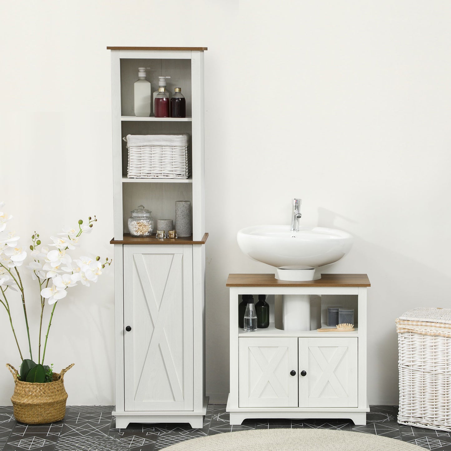 Dokala 2 Piece Bathroom Furniture Set With Tall Cabinet And Under Sink Storage Ash Wood Effect