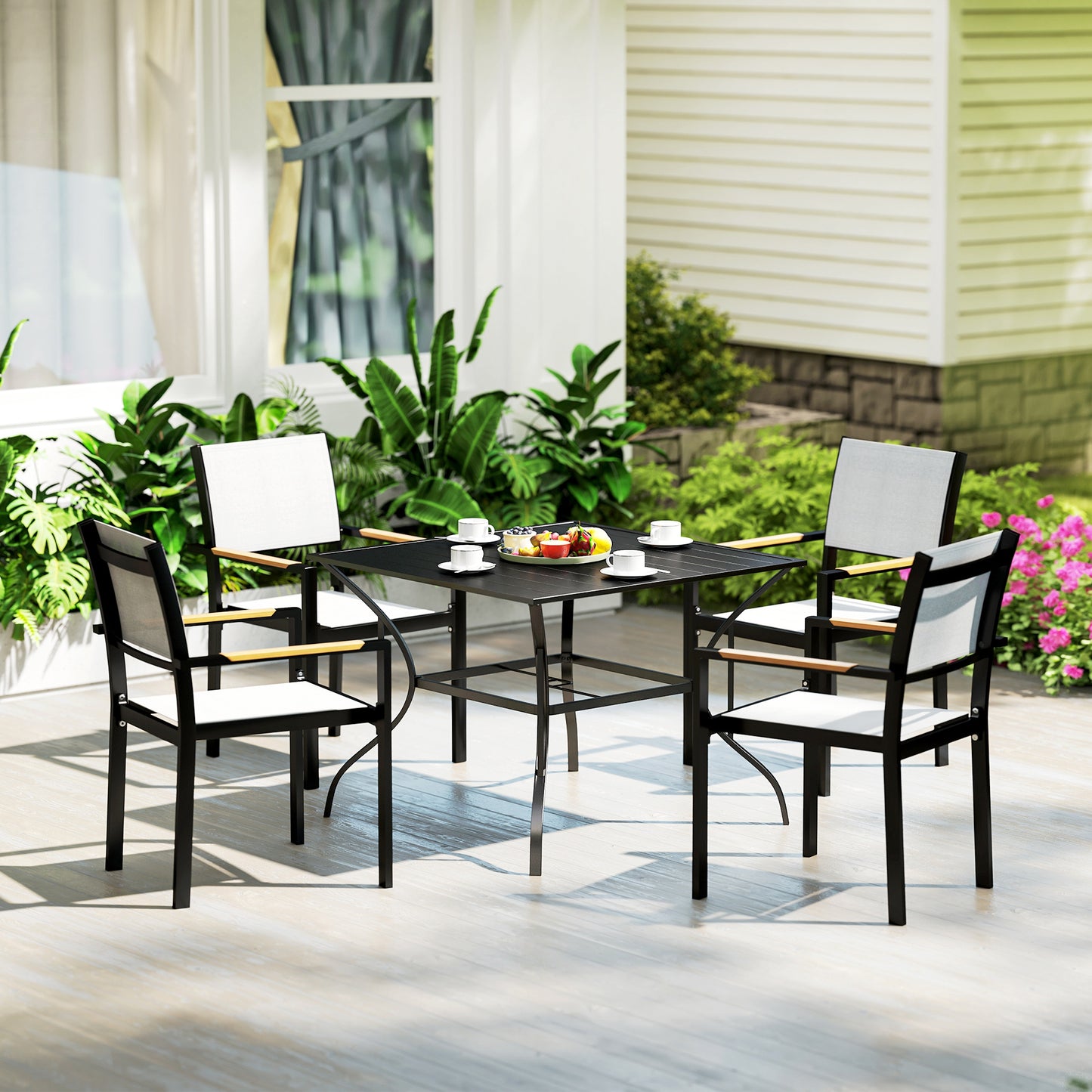 Hareni Steel Black Outdoor Garden Table With Slatted Top And Parasol Hole