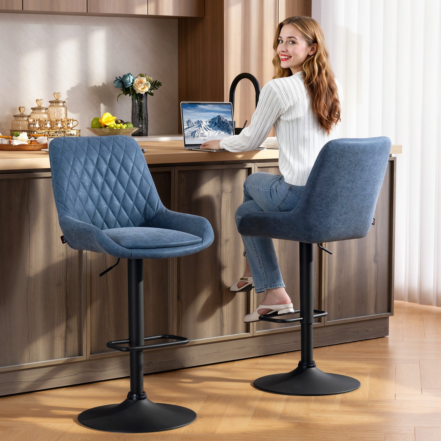 Sekamo Set Of 2 Dark Blue Faux Leather Retro Bar Chairs