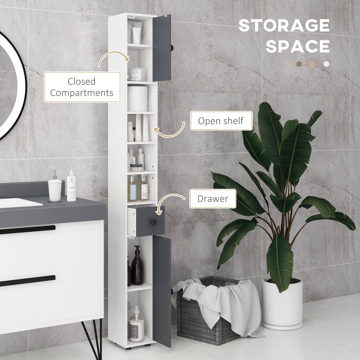 Fidire Tall Slim Grey Bathroom Storage Cabinet With Drawers Shelves And Cupboards