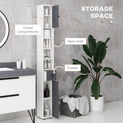 Fidire Tall Slim Grey Bathroom Storage Cabinet With Drawers Shelves And Cupboards