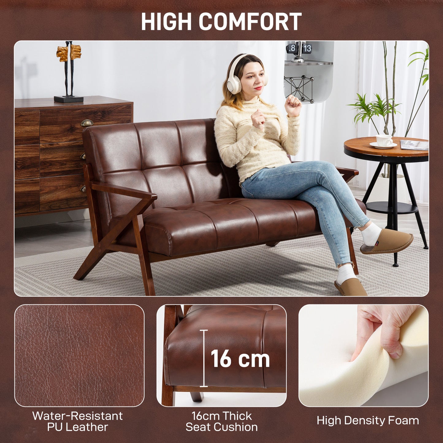 Kara Faux Leather Brown Compact 2 Seater Sofa With Tufted Back