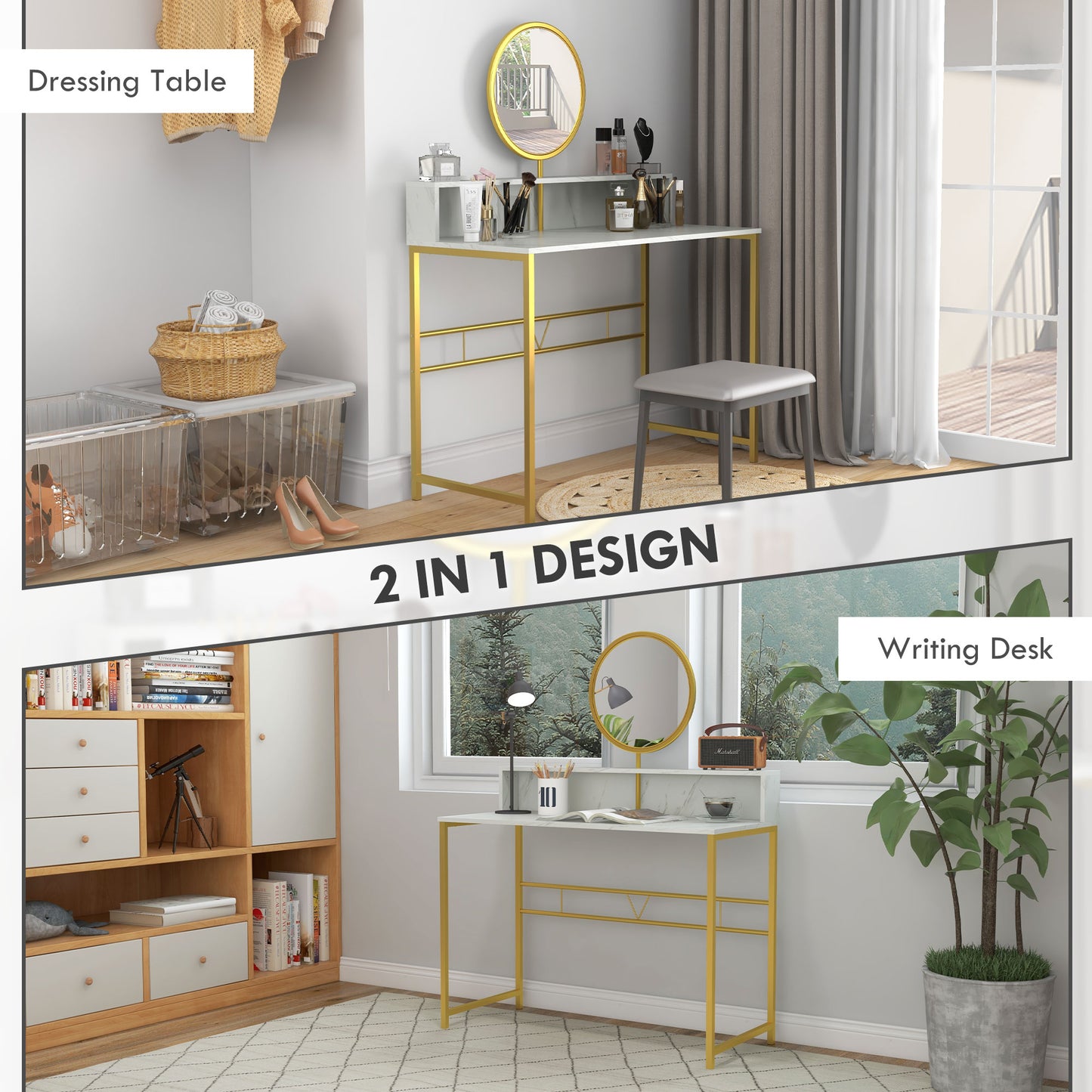 Toel White Faux Marble Dressing Table With Round Mirror Steel Frame And OFauxn Storage