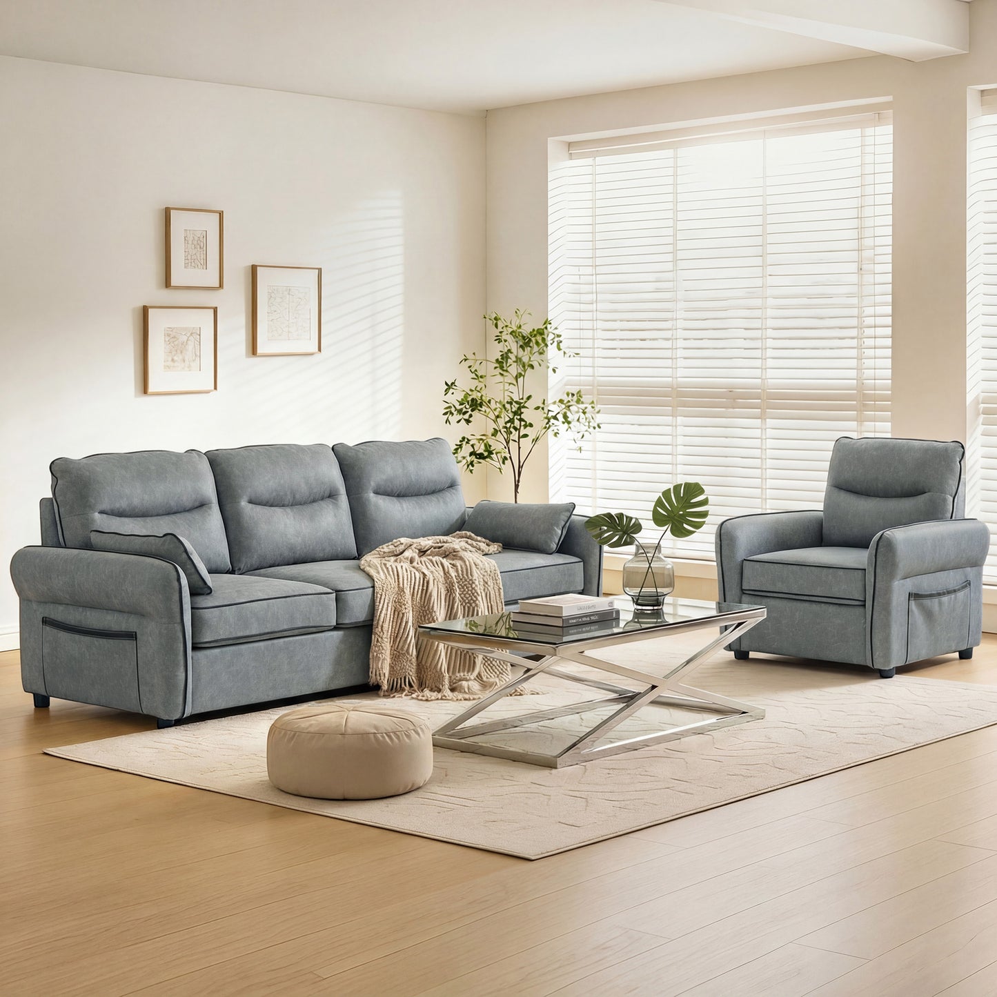Pamazi Grey Faux Leather 3 Seater Sofa