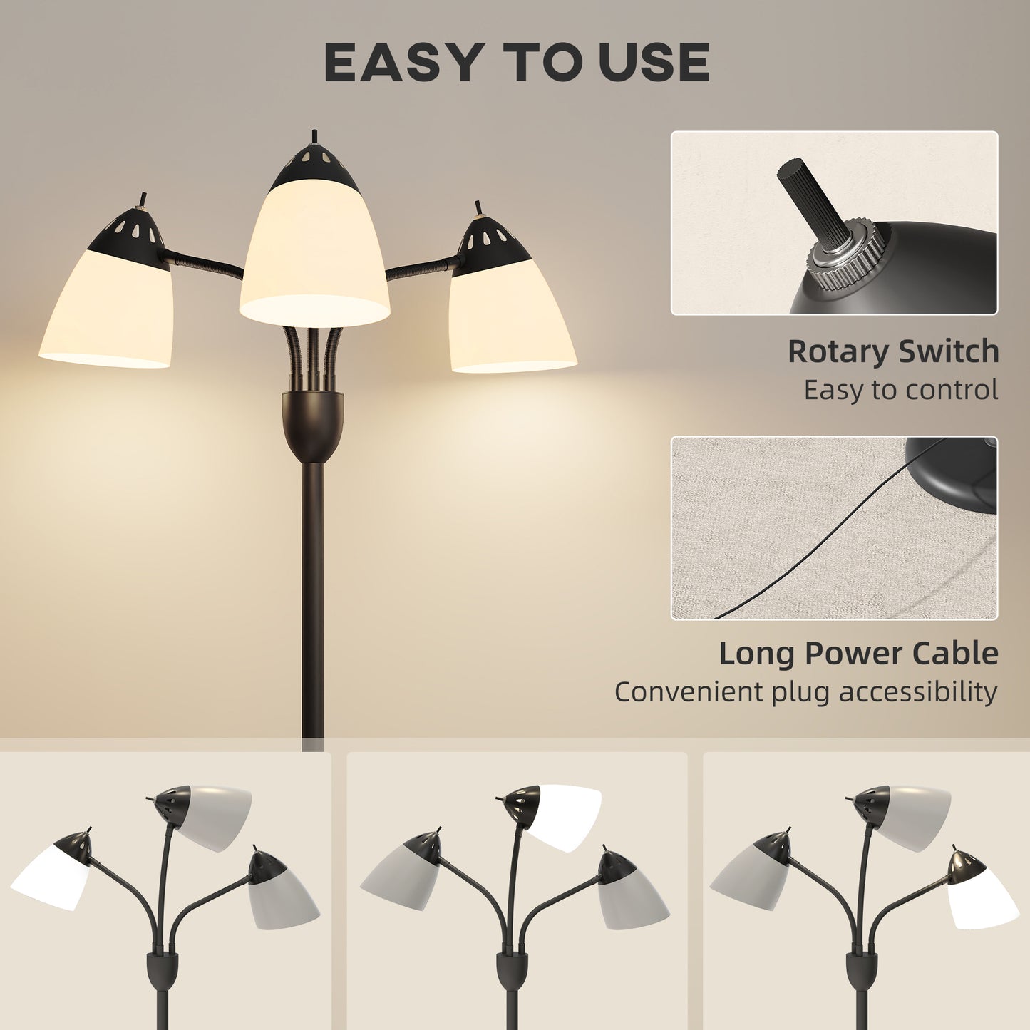 Noniyo Metal Black Arc Tree Floor Lamp With 3 Rotating Heads And Adjustable Colour Temperature