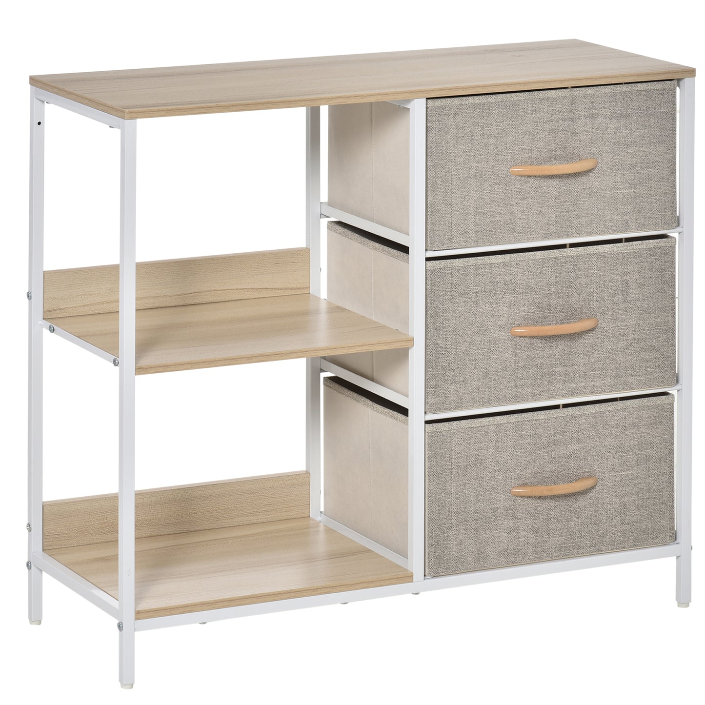 Pasaha White Metal and Natural Wood Storage Chest With 3  Grey Fabric Drawers and 2 Shelvess