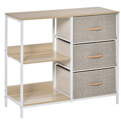 Pasaha White Metal and Natural Wood Storage Chest With 3  Grey Fabric Drawers and 2 Shelvess