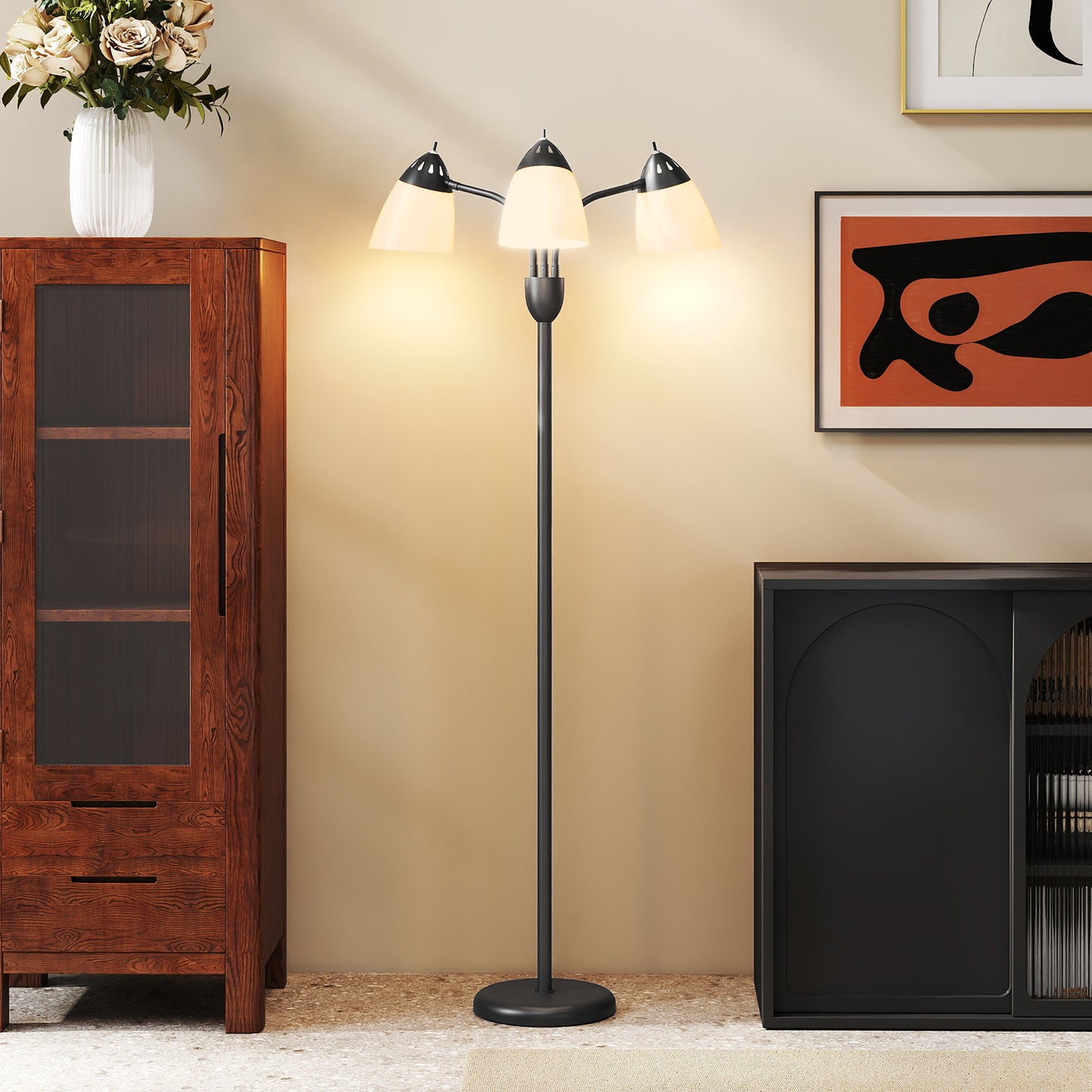 Noniyo Metal Black Arc Tree Floor Lamp With 3 Rotating Heads And Adjustable Colour Temperature