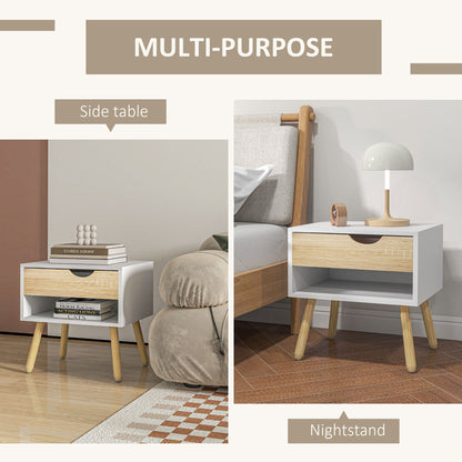 Leel Set Of 2 White and Natural Wood Bedside Tables With Drawer And Bottom Shelf