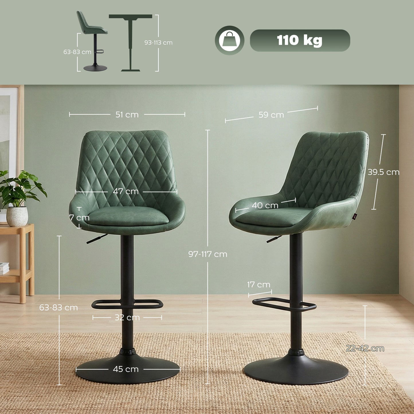 Milosu Fabric Green Adjustable Retro Bar Stools Set Of 2 With Swivel Seats