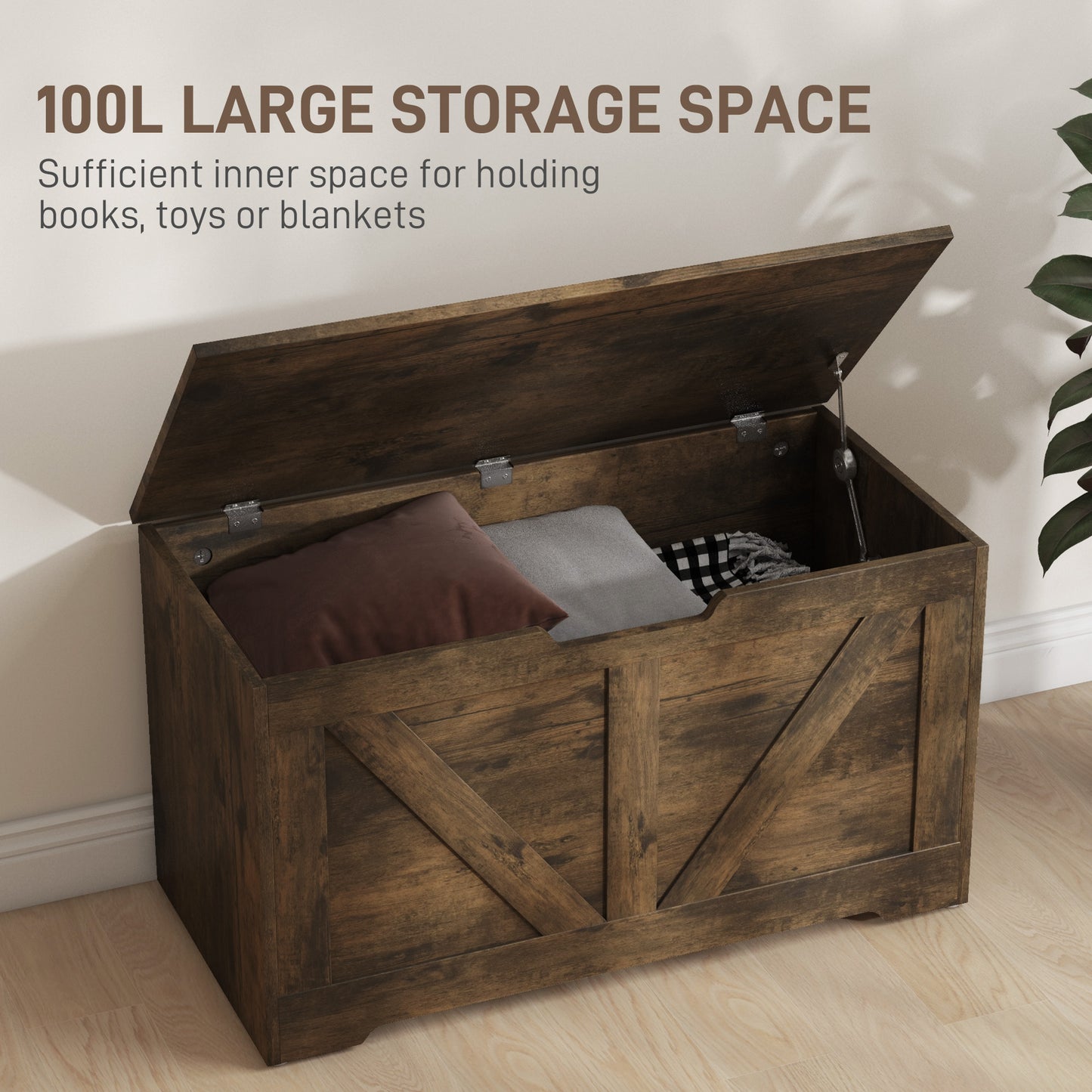 Ledilu Rustic Brown Wood Effect Storage Chest With Safety Hinges 100 Litre