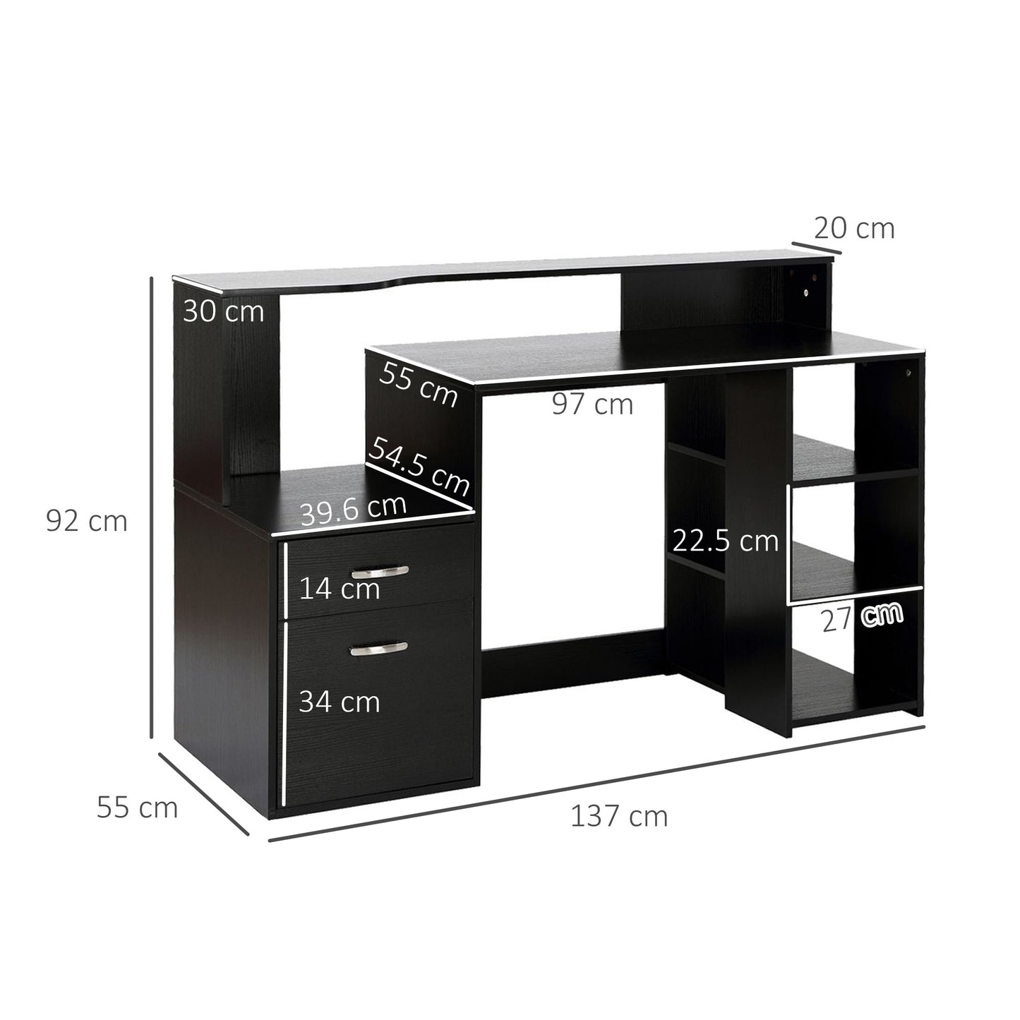 Tapava 137cm Wooden Black Large Office Desk With Shelves Drawers And Printer Stand
