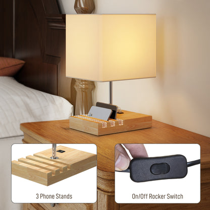 Hael Wood And Fabric White Bedside Table Lamp With USB Charging Ports Phone Stands And Fabric Shade