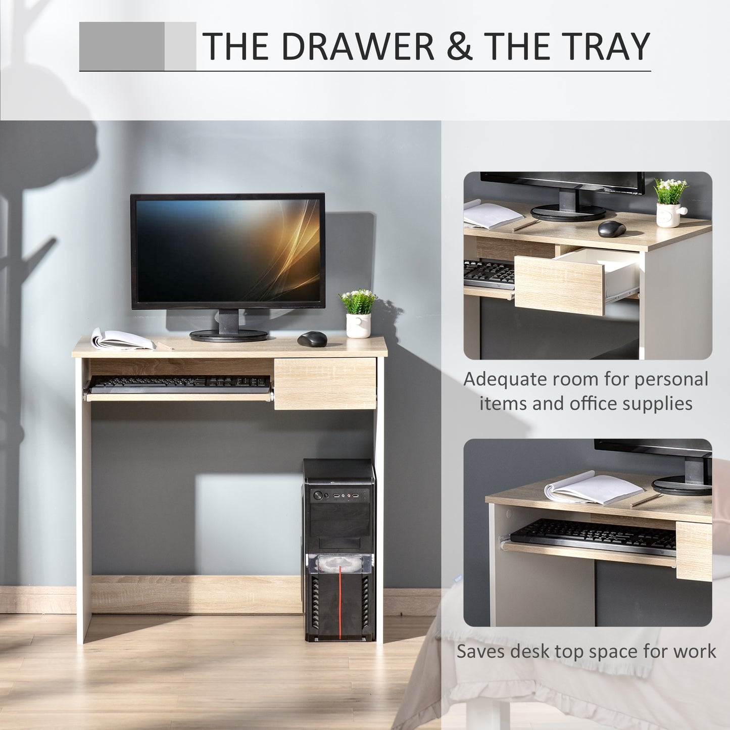 Vali 80cm Wooden Oak Compact Desk With Keyboard Tray And Drawer