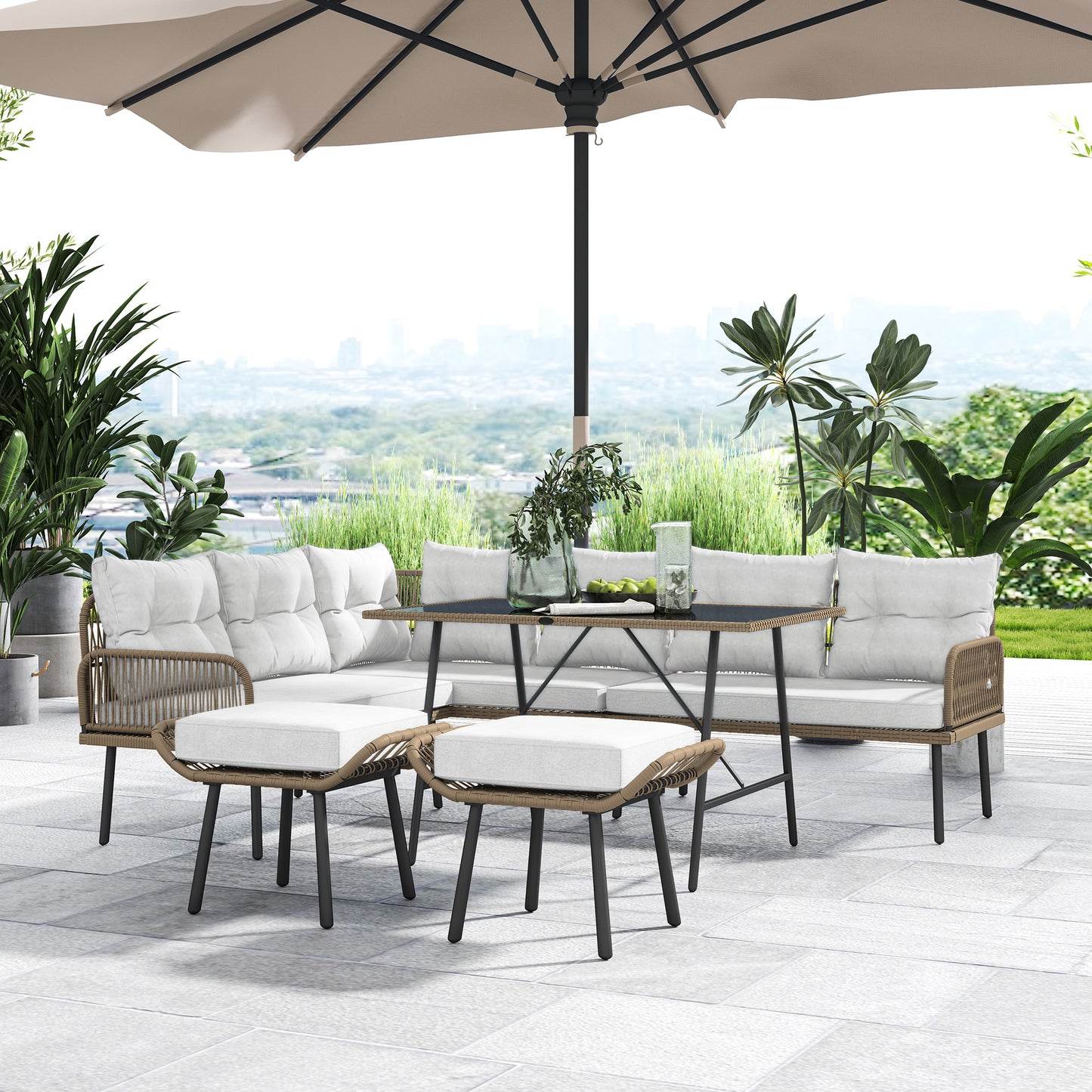 Sacoel Natural Rattan White 8 Seater Outdoor Corner Sofa Set With Glass Top Table
