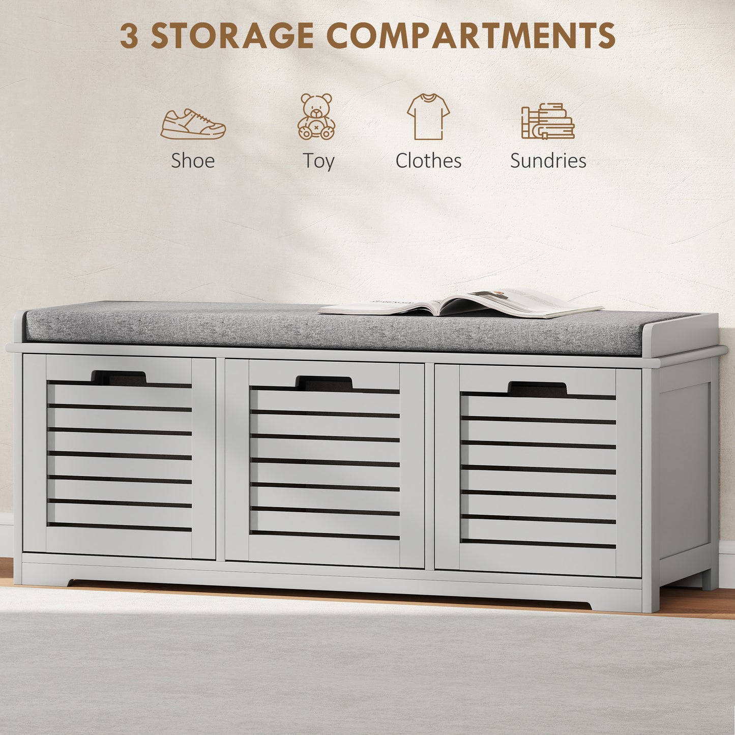 Vazi Wooden Grey 3 Drawer Shoe Storage Bench With Padded Top