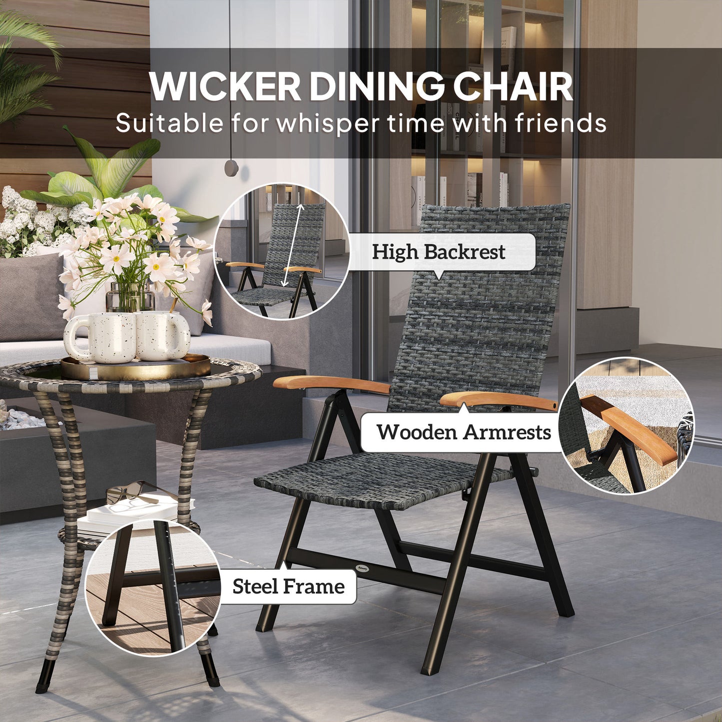 Coco Rattan Mixed Grey Folding Garden Dining Chair With High Back And Wood Armrests