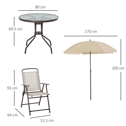 Jattare 4 Seater Metal and Mesh Cream Garden Dining Set With Parasol Folding Chairs And Glass Table