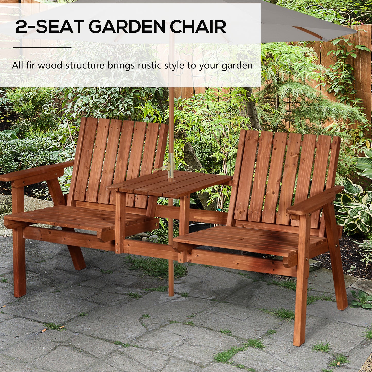 Hasa Fir Wood Natural 2 Seater Garden Bench With Integrated Centre Table