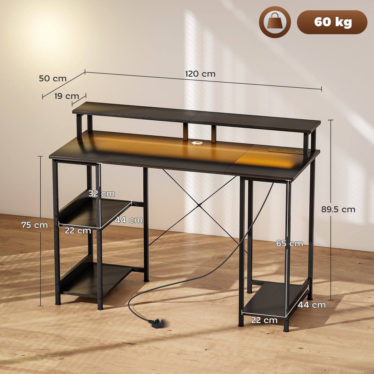 Sona 120cm Dark Grey Gaming Desk With Power Outlets And Storage Shelves