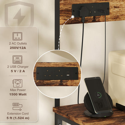 Raco Kale Wooden Rustic Brown Bakers Rack With Power Outlet USB Charging And Adjustable Shelves