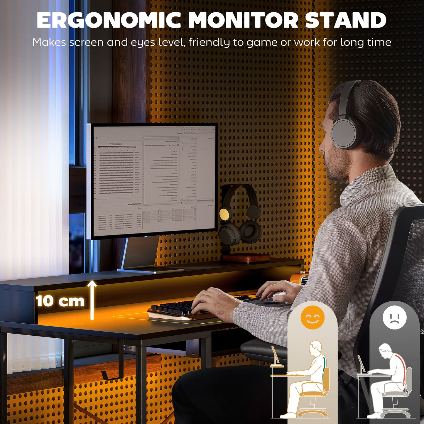 Dino 120cm Black Gaming Desk With LED Lighting Power Outlets Monitor Stand And Keyboard Tray