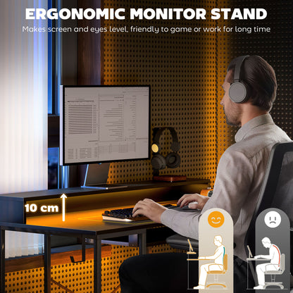 Dino 120cm Black Gaming Desk With LED Lighting Power Outlets Monitor Stand And Keyboard Tray