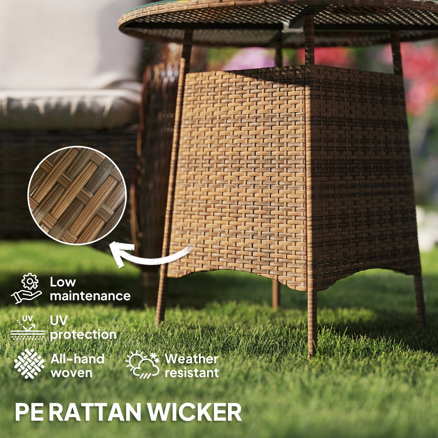 Rotasa Rattan Brown Outdoor Rpund Coffee Table With Tempered Glass Top And Parasol Hole