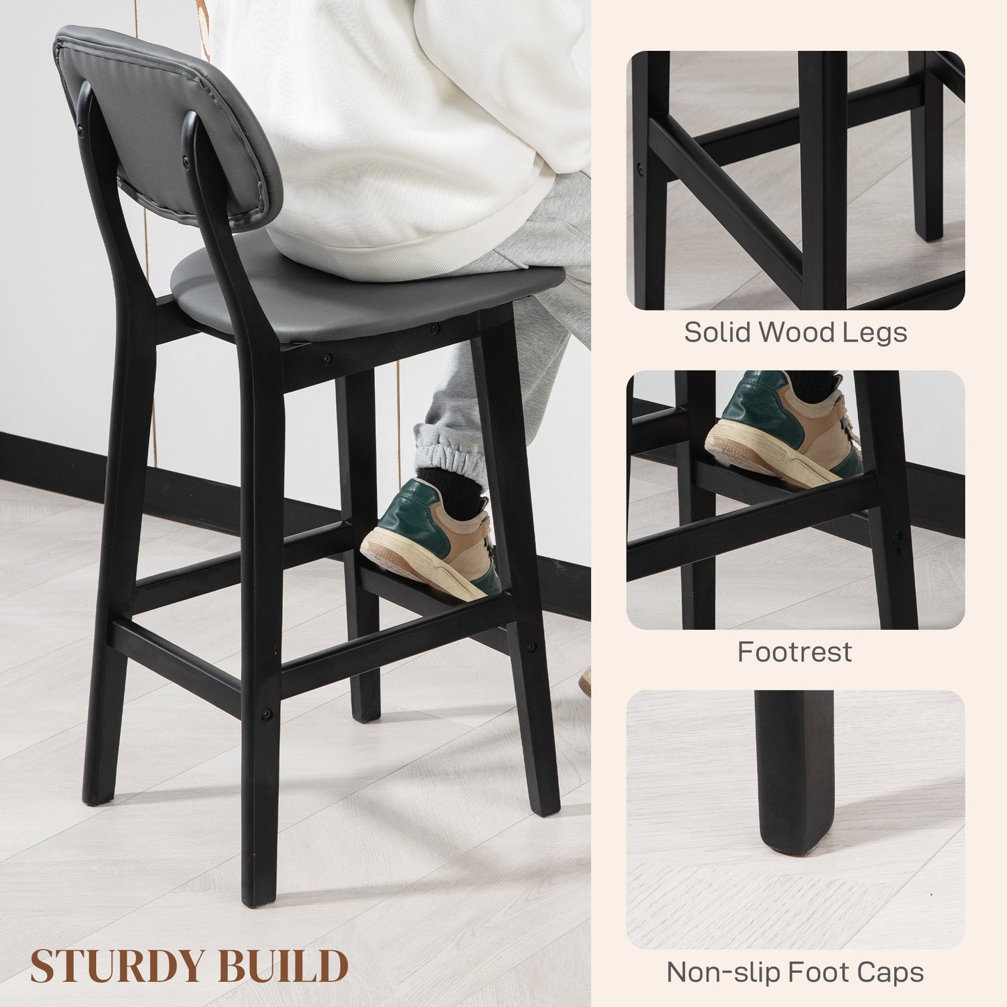 Lavidiel Faux Leather Dark Grey Bar Stools Set Of 2 With Back Support And Wood Legs