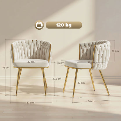 Sosura Set Of 2 Cream Velvet Upholstered Dining Chairs With Woven Back And Armrests