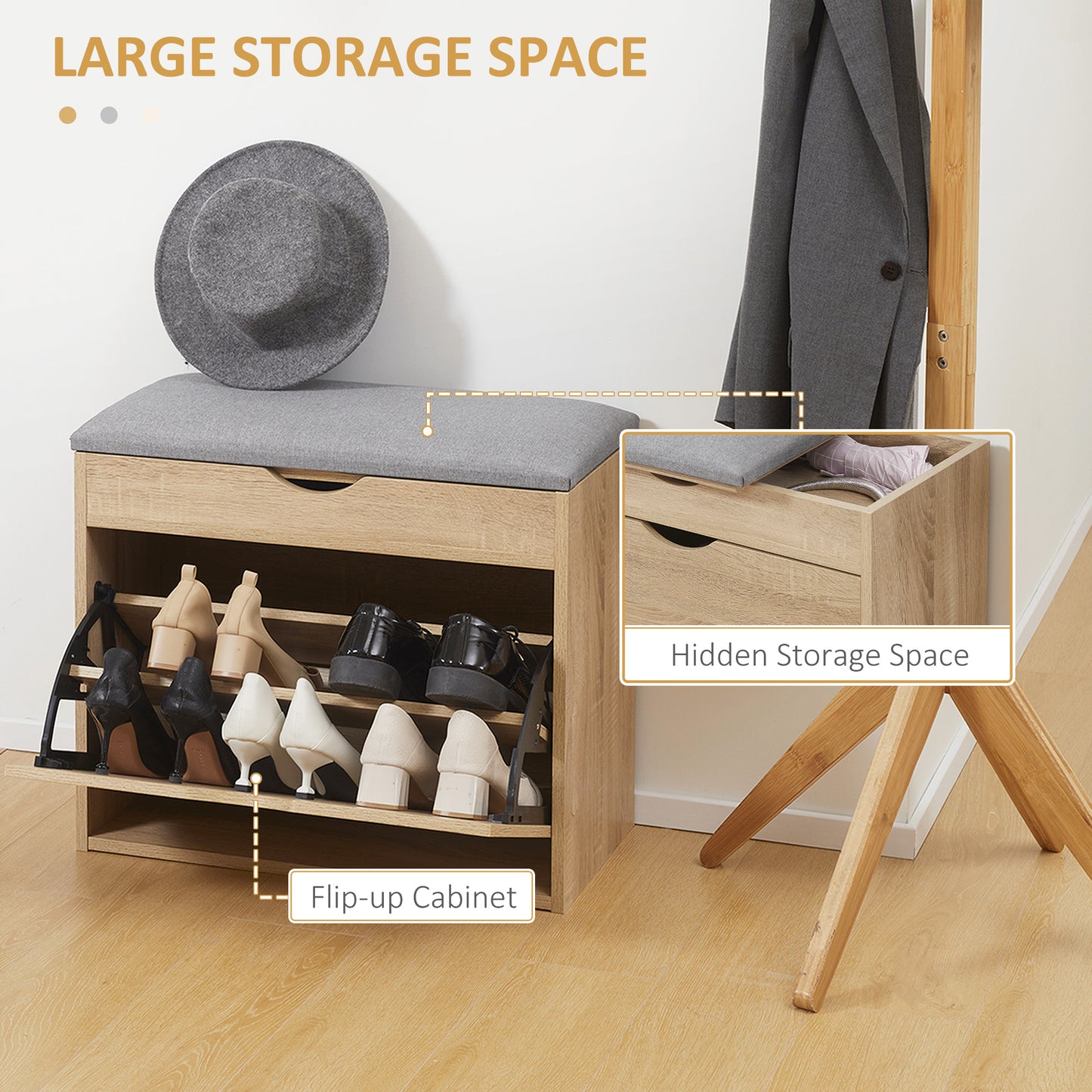 Zielma Wooden Natural Shoe Bench With Flip Up Storage And Grey Cushioned Seat