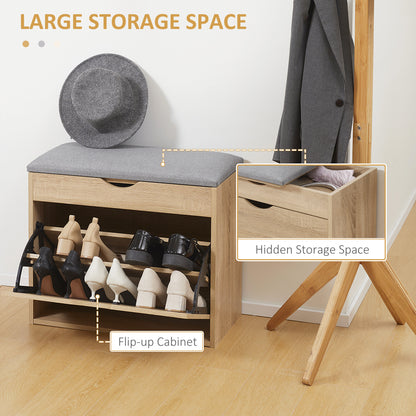 Zielma Wooden Natural Shoe Bench With Flip Up Storage And Grey Cushioned Seat