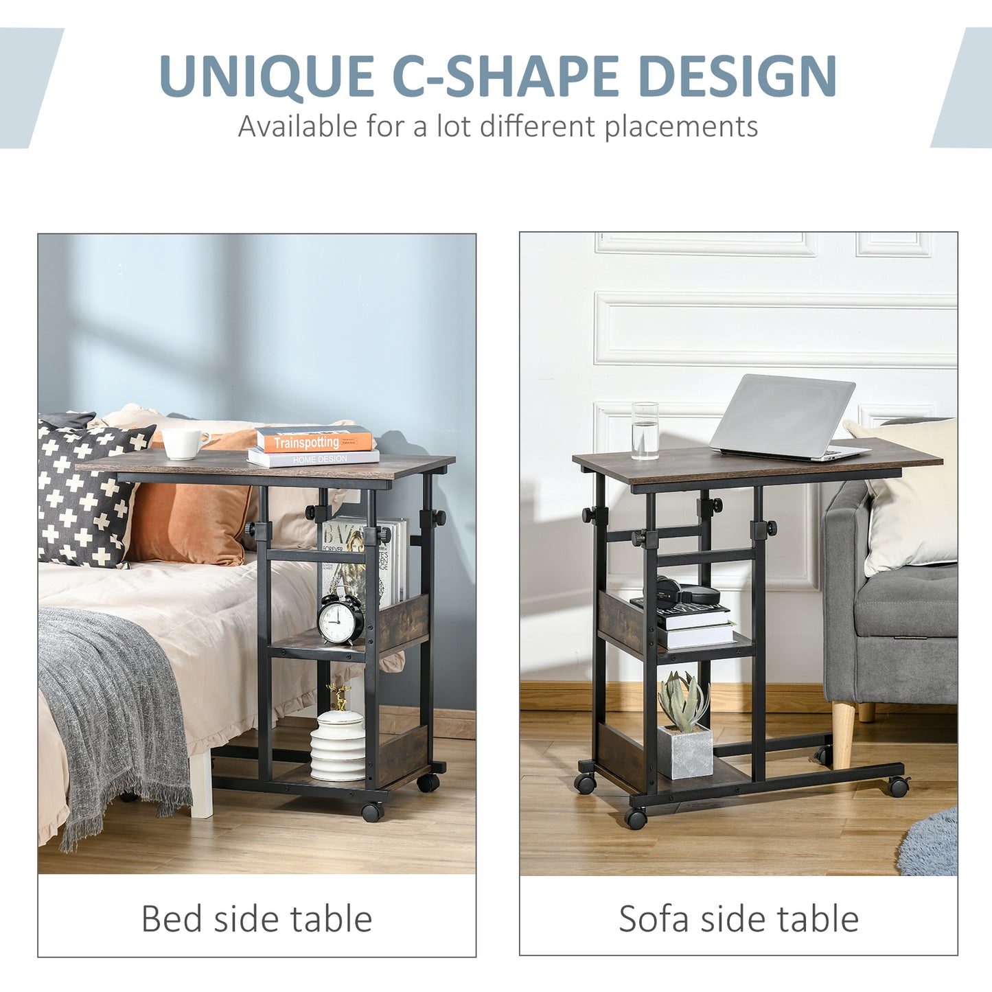 Comiro Metal Black Industrial Sofa Side Table With 3 Tier Shelves with Lockable Wheels