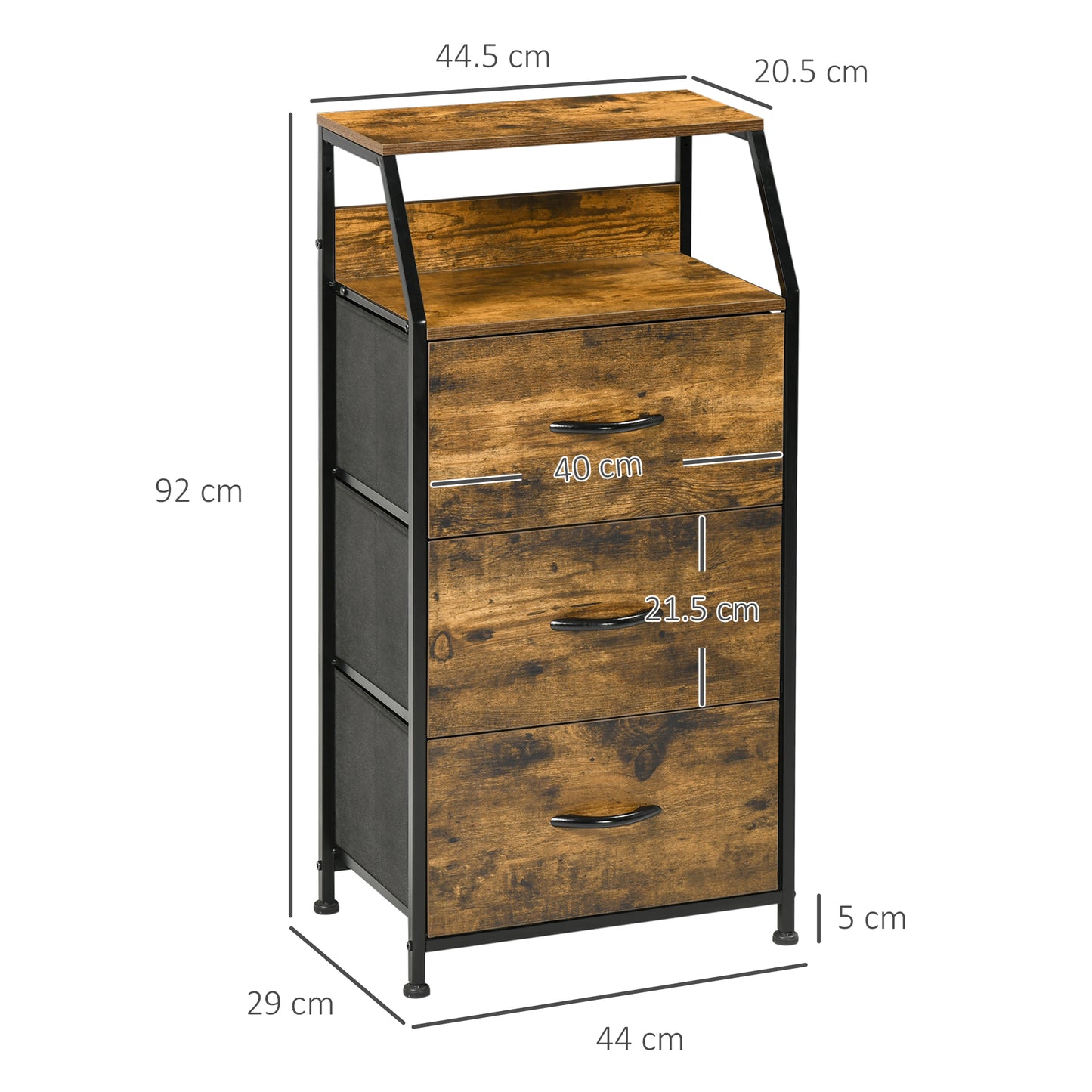 Elsuve Metal And Fabric Rustic Brown 3 Drawer Storage Chest With Display Shelf
