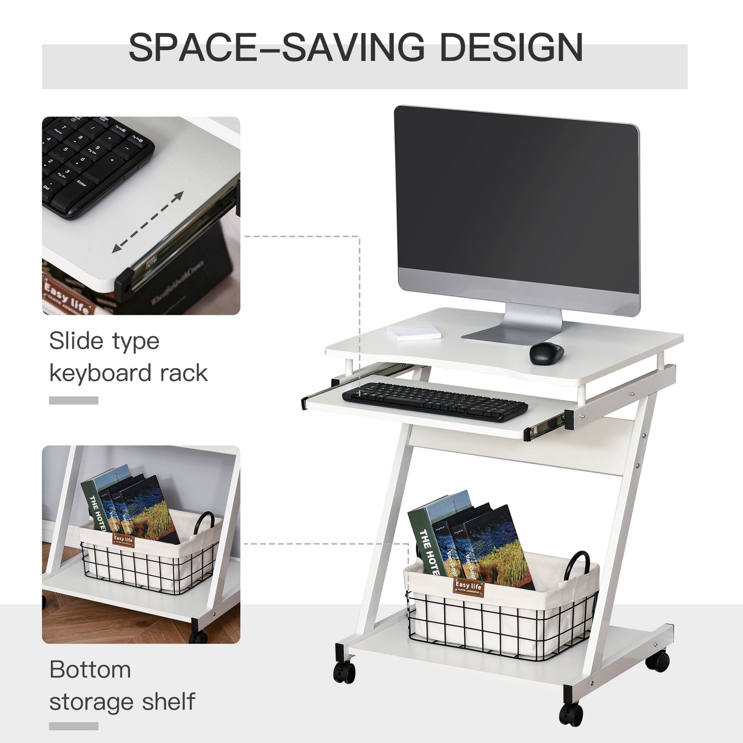 Suel 60cm Wooden White Mobile Z Shaped Desk With Castor Wheels And Sliding Keyboard Tray