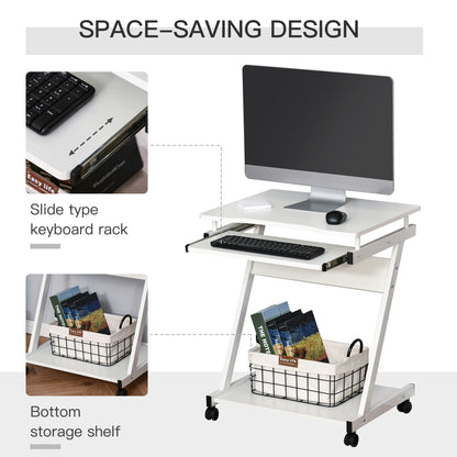 Suel 60cm Wooden White Mobile Z Shaped Desk With Castor Wheels And Sliding Keyboard Tray