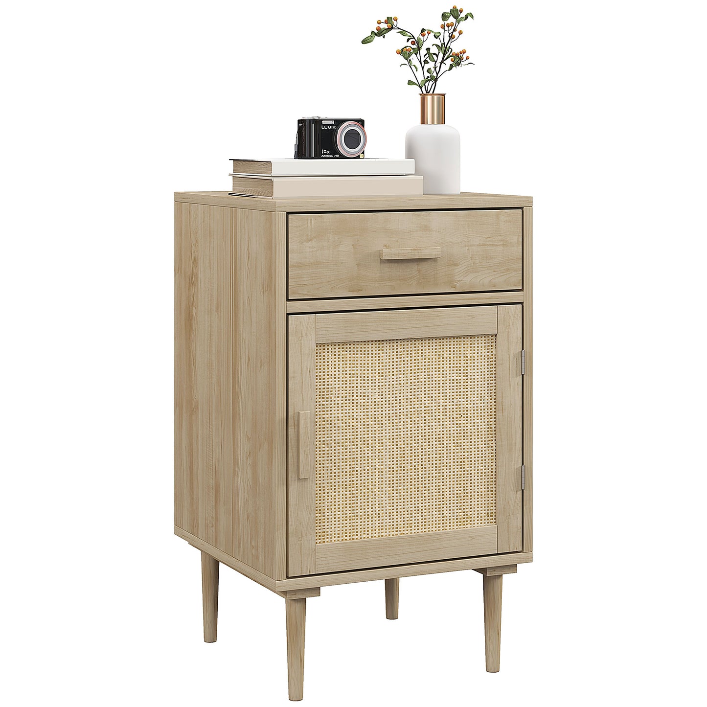 Basose Natural Wood Effect Rattan Bedside Table With Drawer And Door
