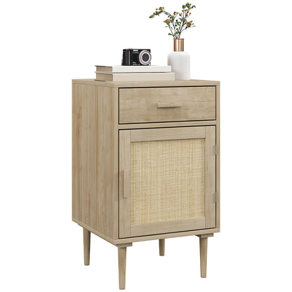 Basose Natural Wood Effect Rattan Bedside Table With Drawer And Door