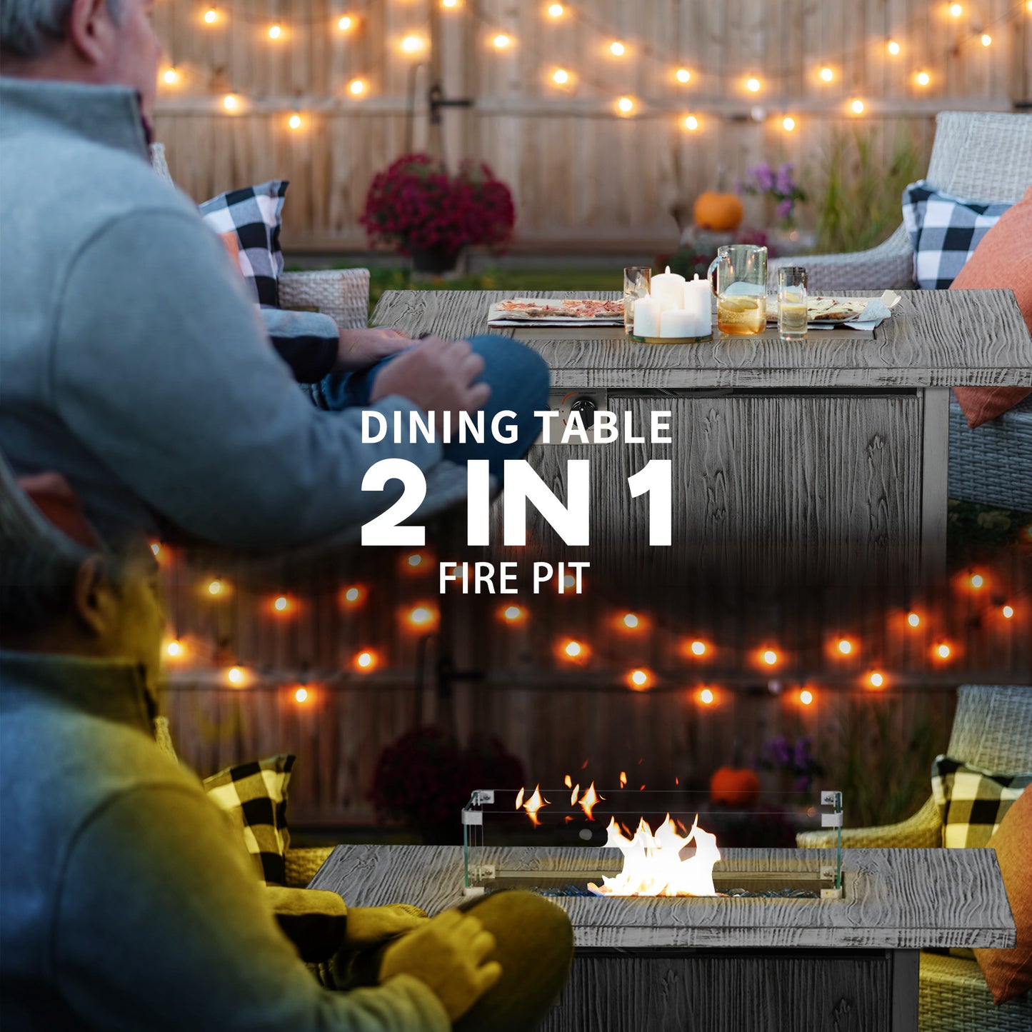 Zisefasu Steel Grey Wood Effect Gas Fire Pit Table with Cover And Glass Screen