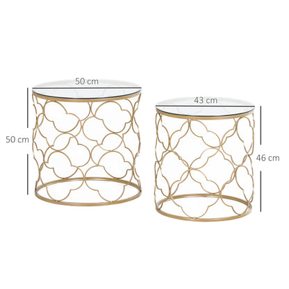 Takkita Metal And Glass Gold Tone Set Of 2 Nesting Side Tables With Tempered Glass Tops