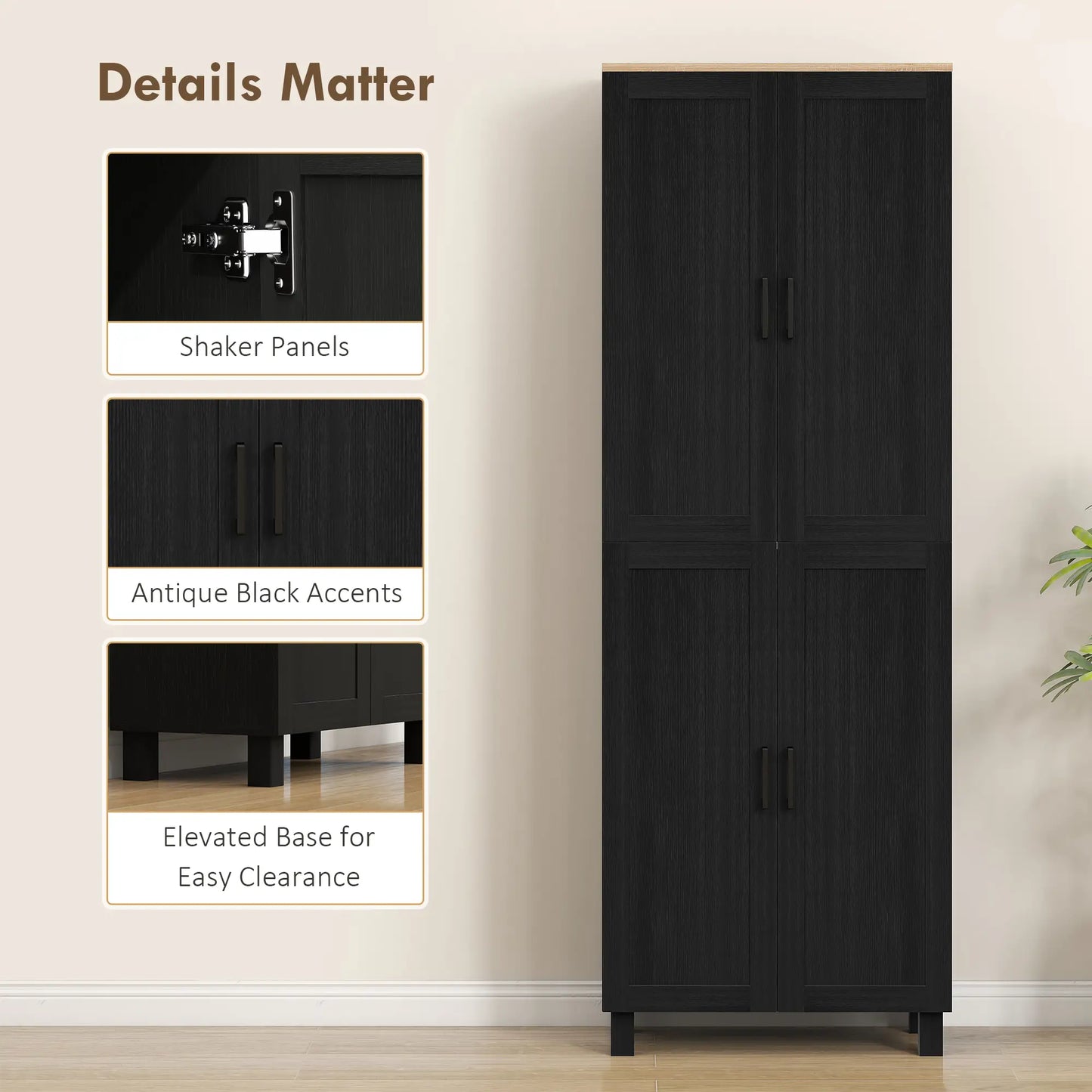 Parare 171cm Wooden Black 4 Door Freestanding Kitchen Pantry Cabinet