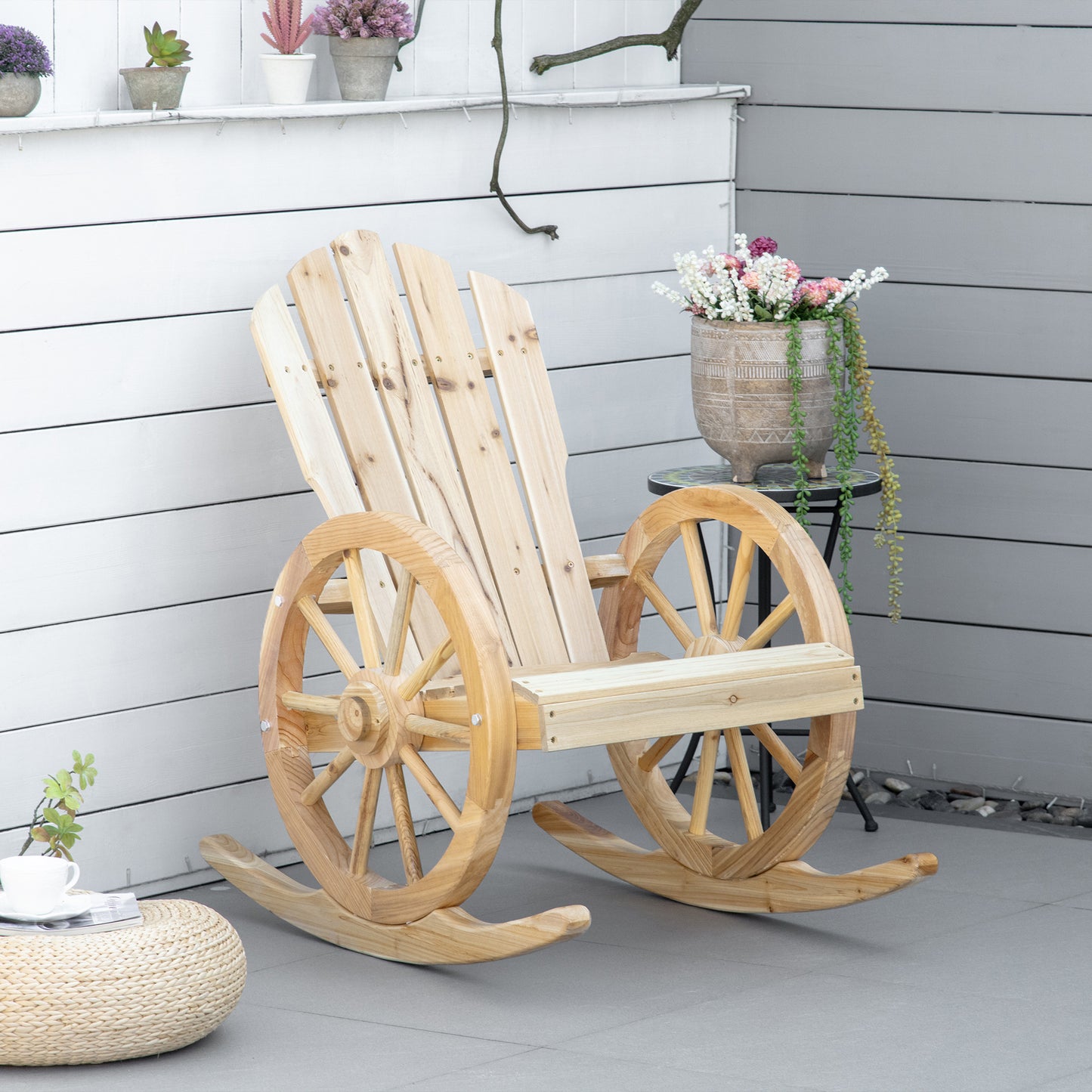 Elna Favi Natural Wood Adirondack Style Outdoor Rocking Armchair With Reclining Back
